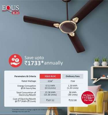 Havells Equs 1200mm Energy Saving with Remote Control 5 Star Decorative BLDC Ceiling Fan (Smoke Brown)