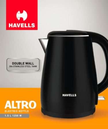 Havells Altro 1.5 Litre Double Wall Kettle / 304 Stainless Steel Inner Body/Cool Touch Outer Body/Wider Mouth/ 2 Year Warranty (Black, 1250 Watt)