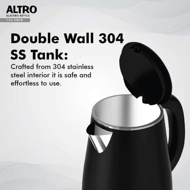 Havells Altro 1.5 Litre Double Wall Kettle / 304 Stainless Steel Inner Body/Cool Touch Outer Body/Wider Mouth/ 2 Year Warranty (Black, 1250 Watt)