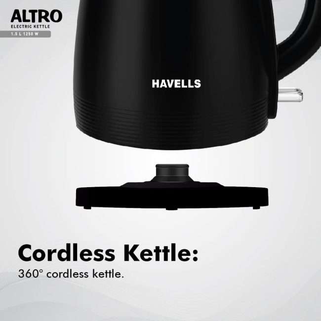 Havells Altro 1.5 Litre Double Wall Kettle / 304 Stainless Steel Inner Body/Cool Touch Outer Body/Wider Mouth/ 2 Year Warranty (Black, 1250 Watt)