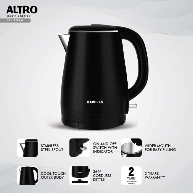 Havells Altro 1.5 Litre Double Wall Kettle / 304 Stainless Steel Inner Body/Cool Touch Outer Body/Wider Mouth/ 2 Year Warranty (Black, 1250 Watt)