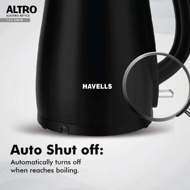 Havells Altro 1.5 Litre Double Wall Kettle / 304 Stainless Steel Inner Body/Cool Touch Outer Body/Wider Mouth/ 2 Year Warranty (Black, 1250 Watt)