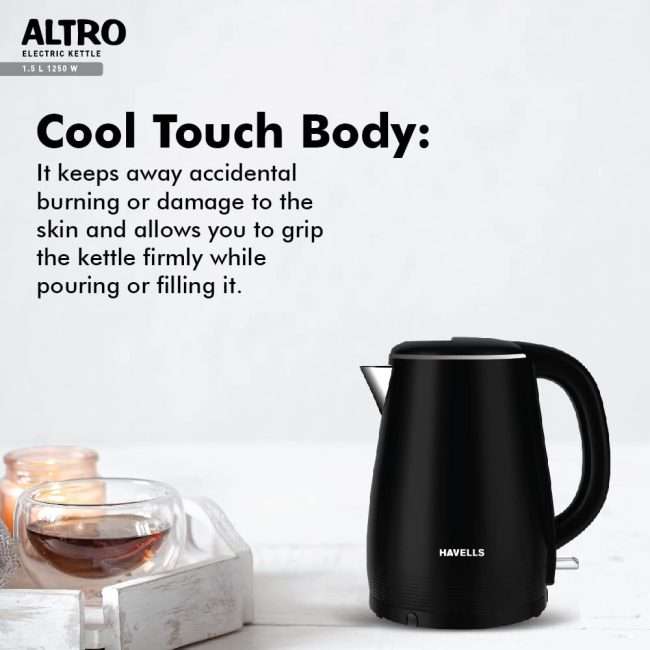 Havells Altro 1.5 Litre Double Wall Kettle / 304 Stainless Steel Inner Body/Cool Touch Outer Body/Wider Mouth/ 2 Year Warranty (Black, 1250 Watt)