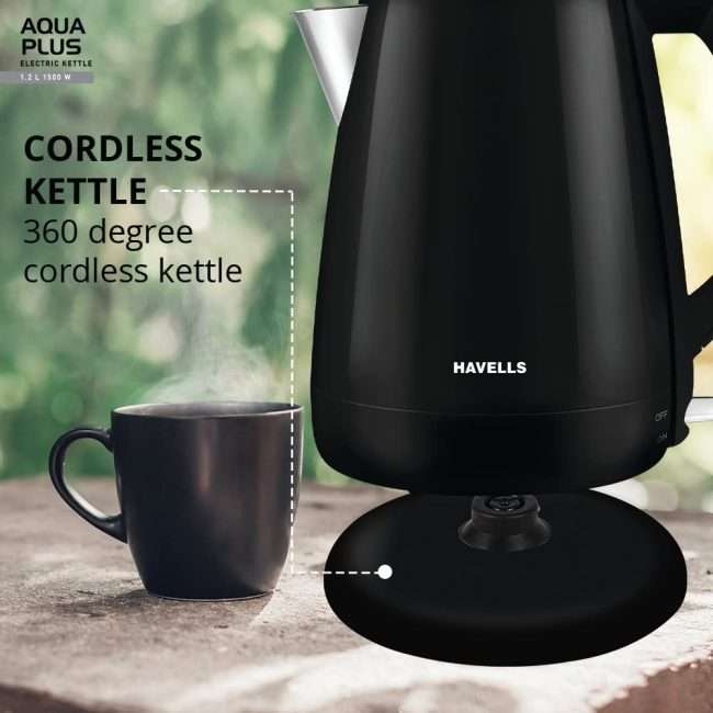 Havells Aqua Plus 1.2 litre Double Wall Kettle / 304 Stainless Steel Inner Body / Cool touch outer body / Wider mouth/ 2 Year warranty (Black, 1500 Watt)