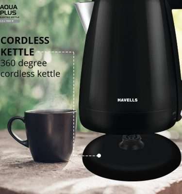 Havells Aqua Plus 1.2 litre Double Wall Kettle / 304 Stainless Steel Inner Body / Cool touch outer body / Wider mouth/ 2 Year warranty (Black, 1500 Watt)