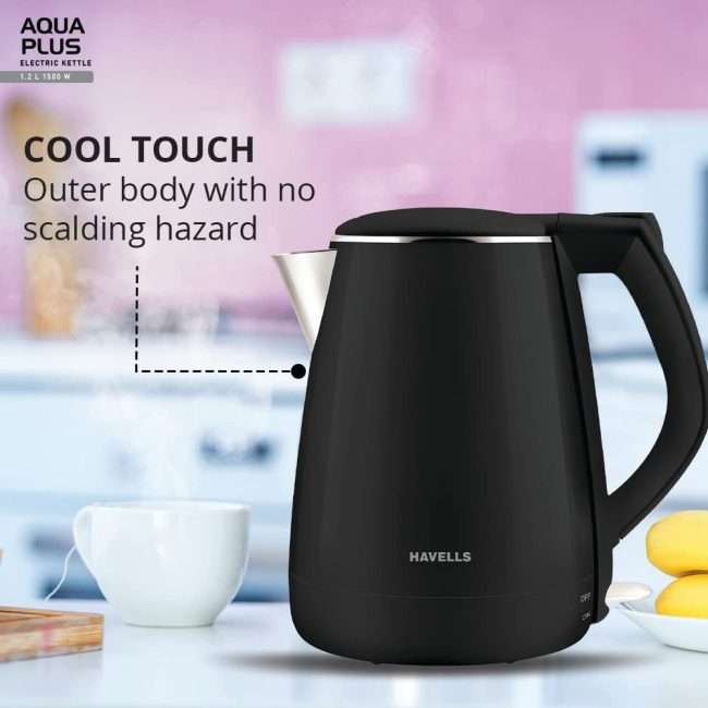 Havells Aqua Plus 1.2 litre Double Wall Kettle / 304 Stainless Steel Inner Body / Cool touch outer body / Wider mouth/ 2 Year warranty (Black, 1500 Watt)