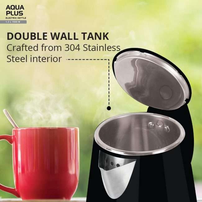 Havells Aqua Plus 1.2 litre Double Wall Kettle / 304 Stainless Steel Inner Body / Cool touch outer body / Wider mouth/ 2 Year warranty (Black, 1500 Watt)