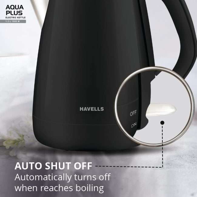 Havells Aqua Plus 1.2 litre Double Wall Kettle / 304 Stainless Steel Inner Body / Cool touch outer body / Wider mouth/ 2 Year warranty (Black, 1500 Watt)