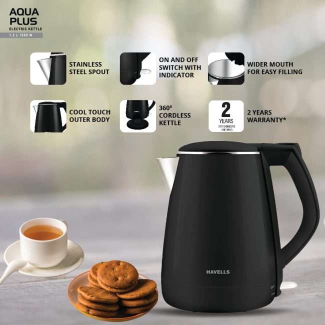 Havells Aqua Plus 1.2 litre Double Wall Kettle / 304 Stainless Steel Inner Body / Cool touch outer body / Wider mouth/ 2 Year warranty (Black, 1500 Watt)