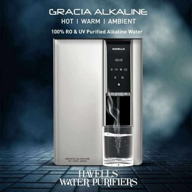 Havells Gracia Alkaline Water Purifier, Hot, Warm and Ambient dispensing, Cu+Zn+ Alkaline+natural minerals, 7 stage Purification, 6.8L SS tank, RO+UV+UV LED, 24*7 Tank Sanitization, (Silver & Black)