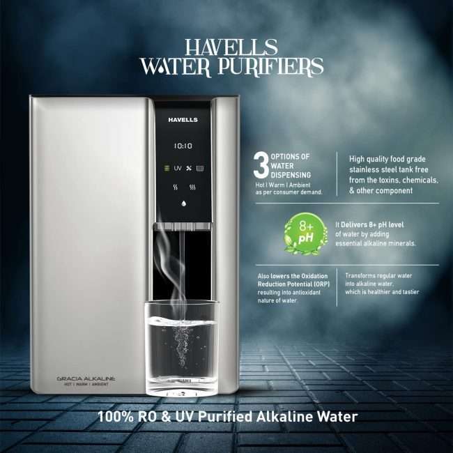 Havells Gracia Alkaline Water Purifier, Hot, Warm and Ambient dispensing, Cu+Zn+ Alkaline+natural minerals, 7 stage Purification, 6.8L SS tank, RO+UV+UV LED, 24*7 Tank Sanitization, (Silver & Black)