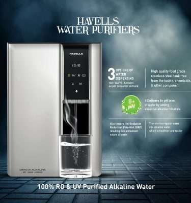 Havells Gracia Alkaline Water Purifier, Hot, Warm and Ambient dispensing, Cu+Zn+ Alkaline+natural minerals, 7 stage Purification, 6.8L SS tank, RO+UV+UV LED, 24*7 Tank Sanitization, (Silver & Black)