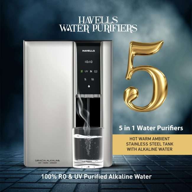 Havells Gracia Alkaline Water Purifier, Hot, Warm and Ambient dispensing, Cu+Zn+ Alkaline+natural minerals, 7 stage Purification, 6.8L SS tank, RO+UV+UV LED, 24*7 Tank Sanitization, (Silver & Black)