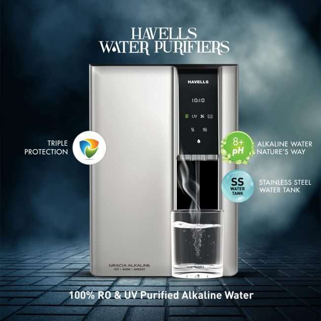 Havells Gracia Alkaline Water Purifier, Hot, Warm and Ambient dispensing, Cu+Zn+ Alkaline+natural minerals, 7 stage Purification, 6.8L SS tank, RO+UV+UV LED, 24*7 Tank Sanitization, (Silver & Black)