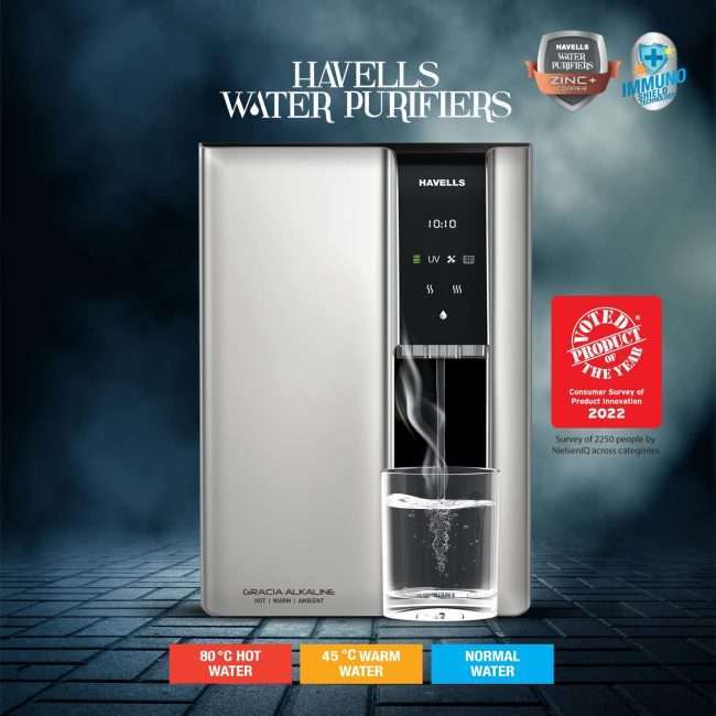 Havells Gracia Alkaline Water Purifier, Hot, Warm and Ambient dispensing, Cu+Zn+ Alkaline+natural minerals, 7 stage Purification, 6.8L SS tank, RO+UV+UV LED, 24*7 Tank Sanitization, (Silver & Black)