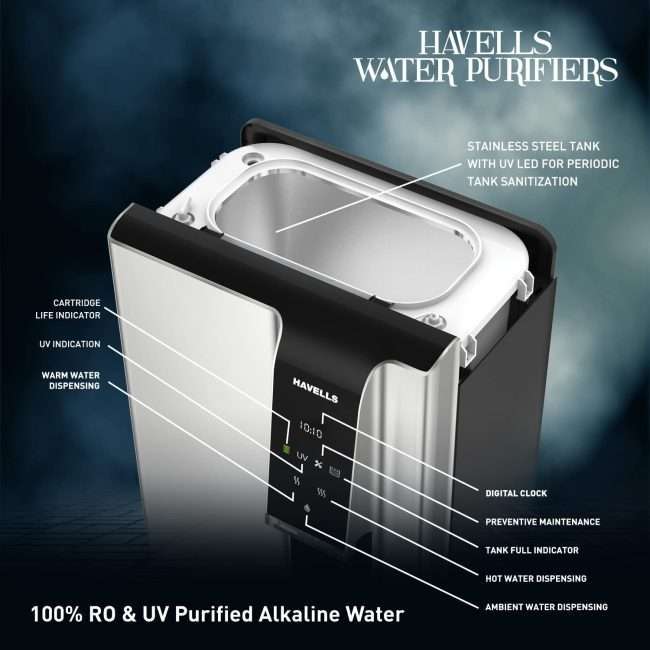 Havells Gracia Alkaline Water Purifier, Hot, Warm and Ambient dispensing, Cu+Zn+ Alkaline+natural minerals, 7 stage Purification, 6.8L SS tank, RO+UV+UV LED, 24*7 Tank Sanitization, (Silver & Black)