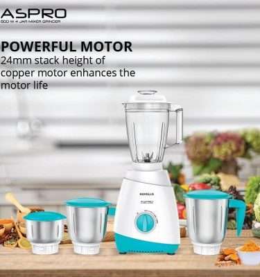 Havells Aspro 4 Jar 500 watt Mixer Grinder with 1.75Ltr Polycarbonate Jar with Fruit Filter, 21000 RPM, Overload Protector, 2 Yr Product & 5 Yr Motor Warranty (White and Light Blue)