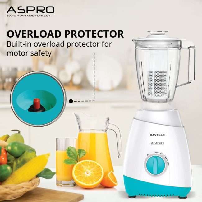 Havells Aspro 4 Jar 500 watt Mixer Grinder with 1.75Ltr Polycarbonate Jar with Fruit Filter, 21000 RPM, Overload Protector, 2 Yr Product & 5 Yr Motor Warranty (White and Light Blue)