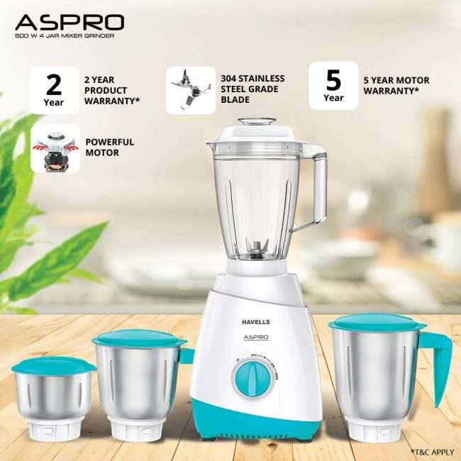 Havells Aspro 4 Jar 500 watt Mixer Grinder with 1.75Ltr Polycarbonate Jar with Fruit Filter, 21000 RPM, Overload Protector, 2 Yr Product & 5 Yr Motor Warranty (White and Light Blue)